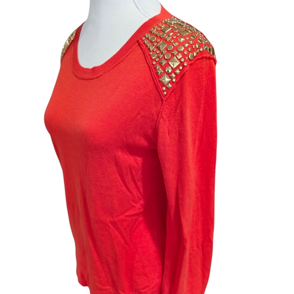Michael Kors Red And Gold Studded Accent Long Sleeve V Neck Sweater Size Small - Picture 3 of 7